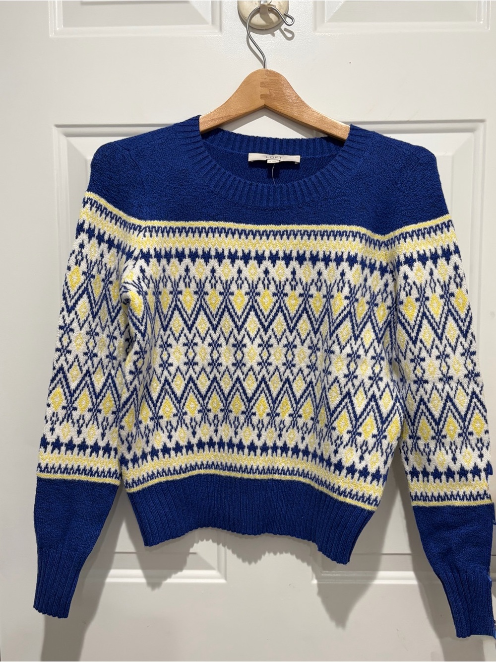 LOFT Blue, White & Yellow Fair Isle Crewneck Sweater, Ski Bunny, XS